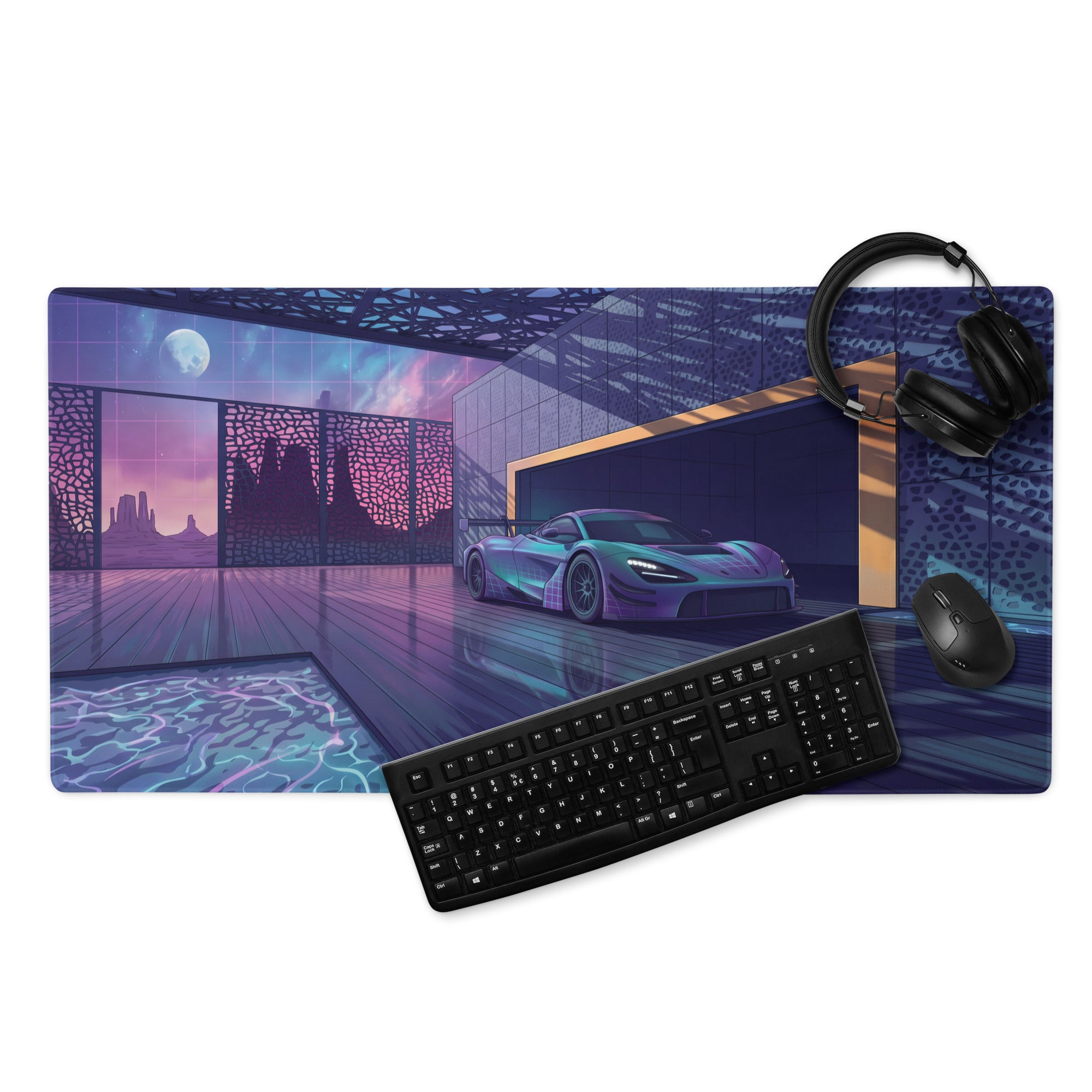 McLaren 720S GT3 Inspired Silver Blue Vaporwave Gaming Mouse Pad – Neon Luxury Garage Desk Mat with Moonlit Desert, Futuristic Synthwave Automotive Art
