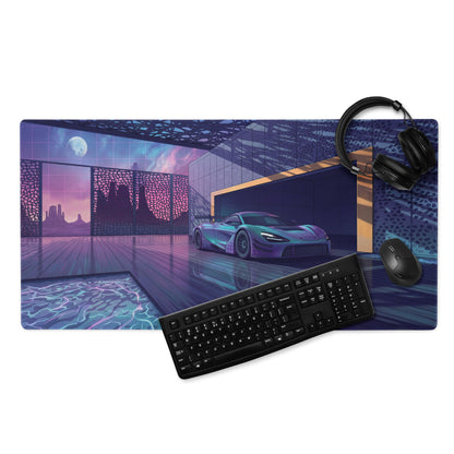McLaren 720S GT3 Inspired Silver Blue Vaporwave Gaming Mouse Pad – Neon Luxury Garage Desk Mat with Moonlit Desert, Futuristic Synthwave Automotive Art