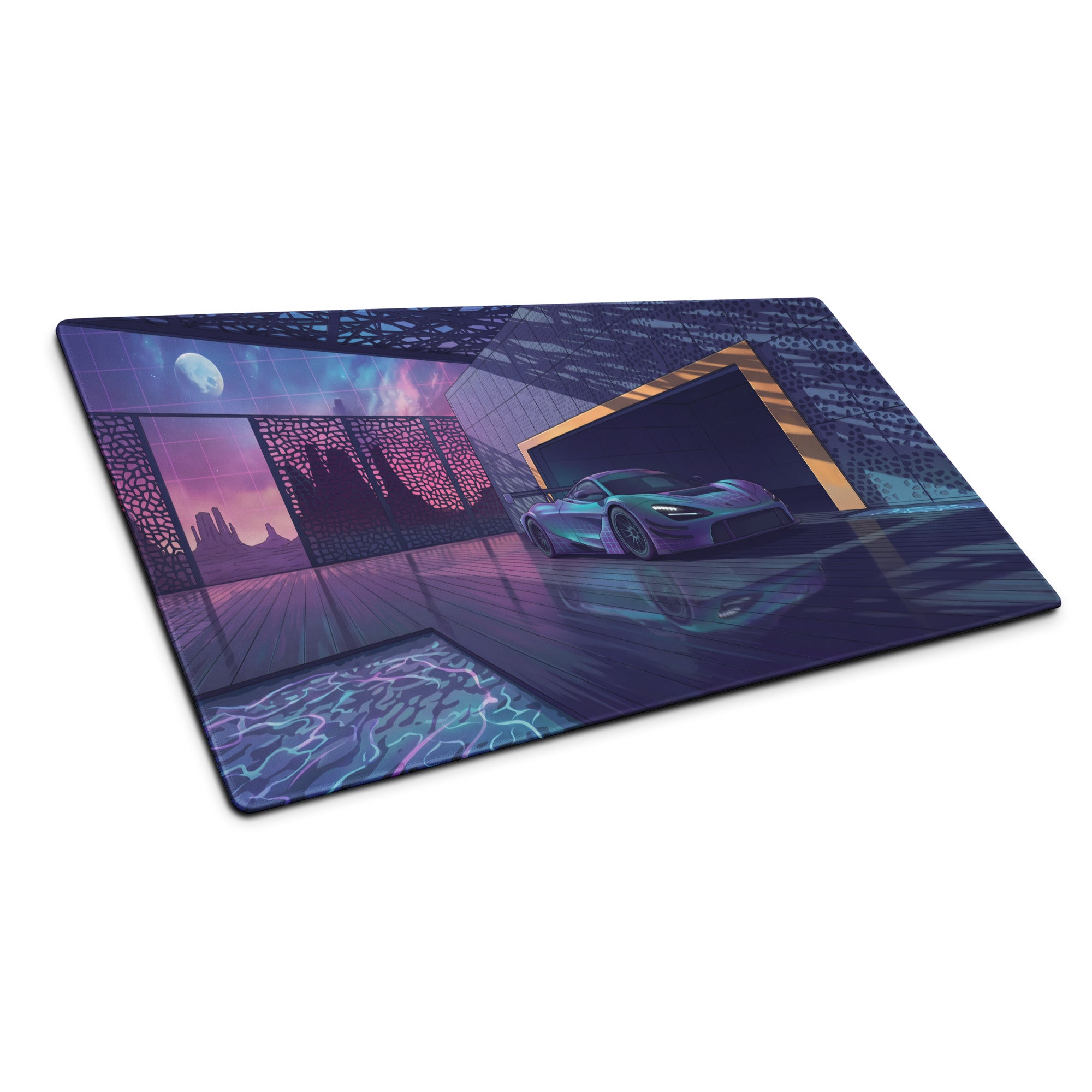 McLaren 720S GT3 Inspired Silver Blue Vaporwave Gaming Mouse Pad – Neon Luxury Garage Desk Mat with Moonlit Desert, Futuristic Synthwave Automotive Art