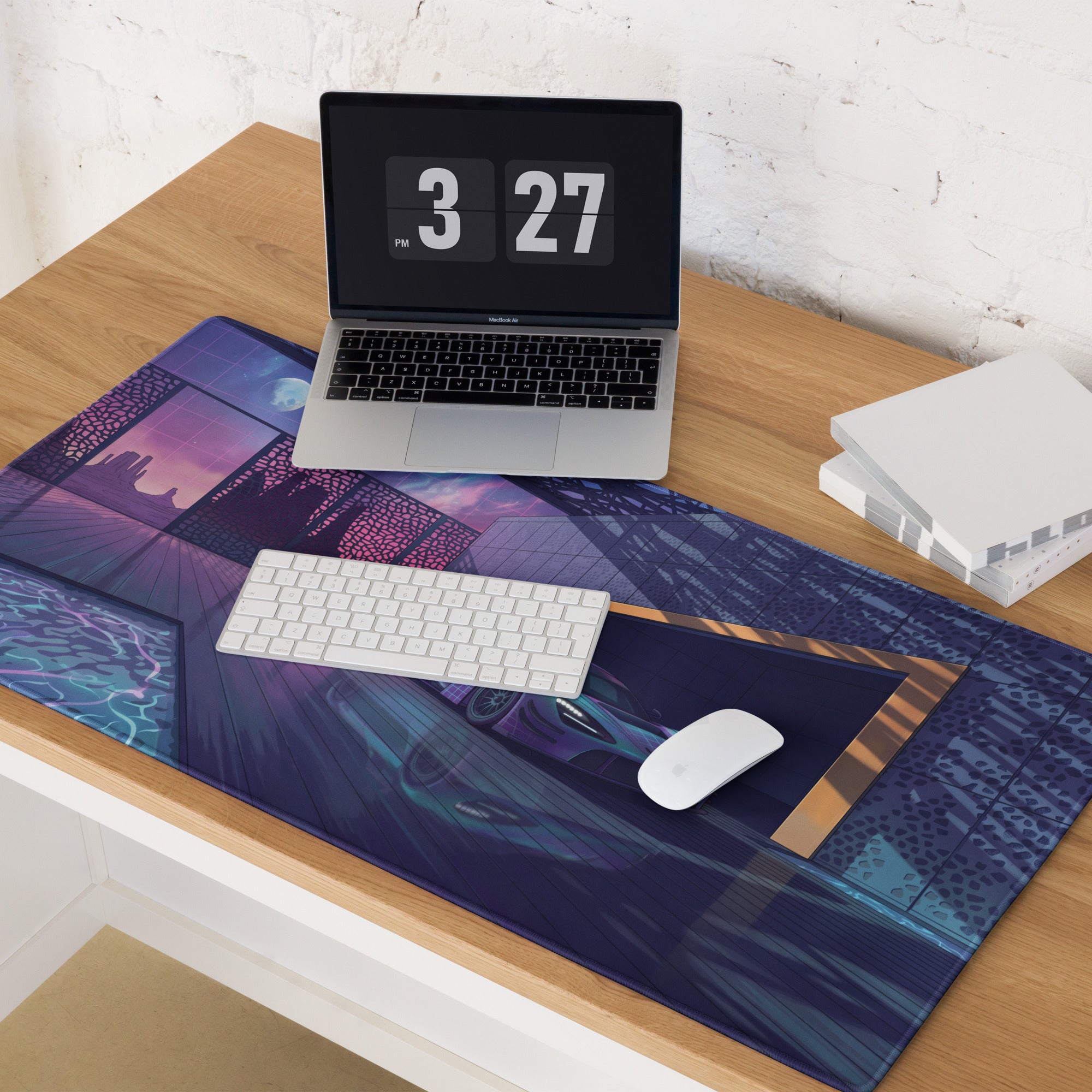 McLaren 720S GT3 Inspired Silver Blue Vaporwave Gaming Mouse Pad – Neon Luxury Garage Desk Mat with Moonlit Desert, Futuristic Synthwave Automotive Art