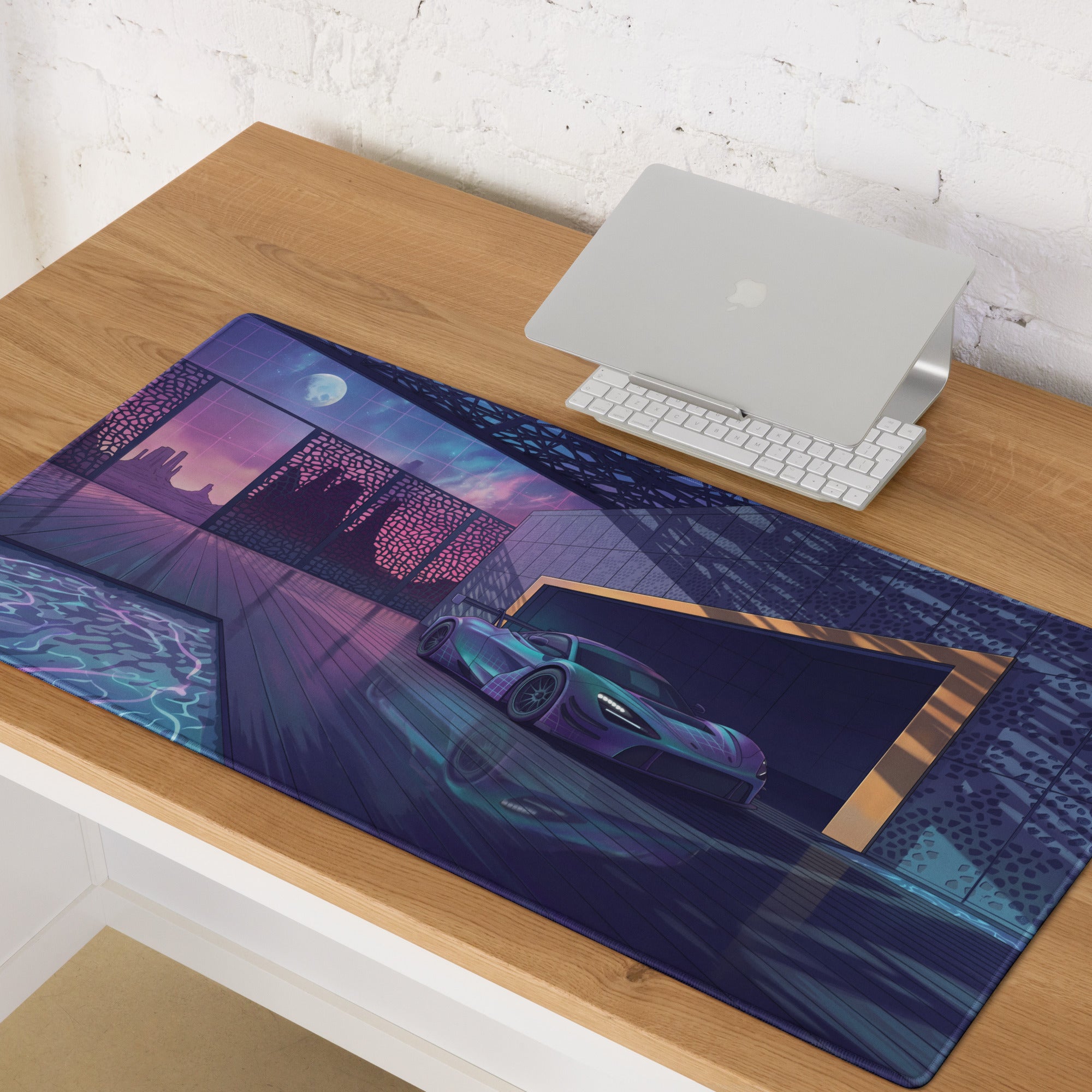 McLaren 720S GT3 Inspired Silver Blue Vaporwave Gaming Mouse Pad – Neon Luxury Garage Desk Mat with Moonlit Desert, Futuristic Synthwave Automotive Art