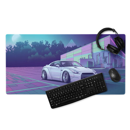 Nissan GT-R R35 Inspired White Purple Vaporwave Gaming Mouse Pad – Neon Industrial Garage Desk Mat with Moonlit Retro Futuristic JDM Artwork