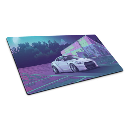 Nissan GT-R R35 Inspired White Purple Vaporwave Gaming Mouse Pad – Neon Industrial Garage Desk Mat with Moonlit Retro Futuristic JDM Artwork