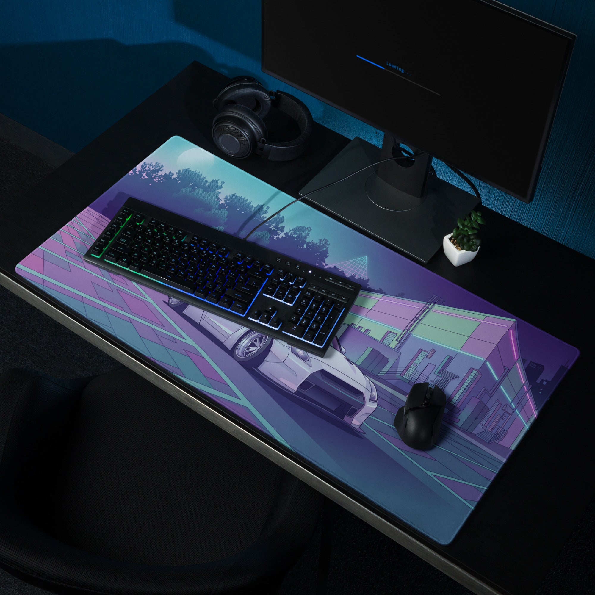 Nissan GT-R R35 Inspired White Purple Vaporwave Gaming Mouse Pad – Neon Industrial Garage Desk Mat with Moonlit Retro Futuristic JDM Artwork