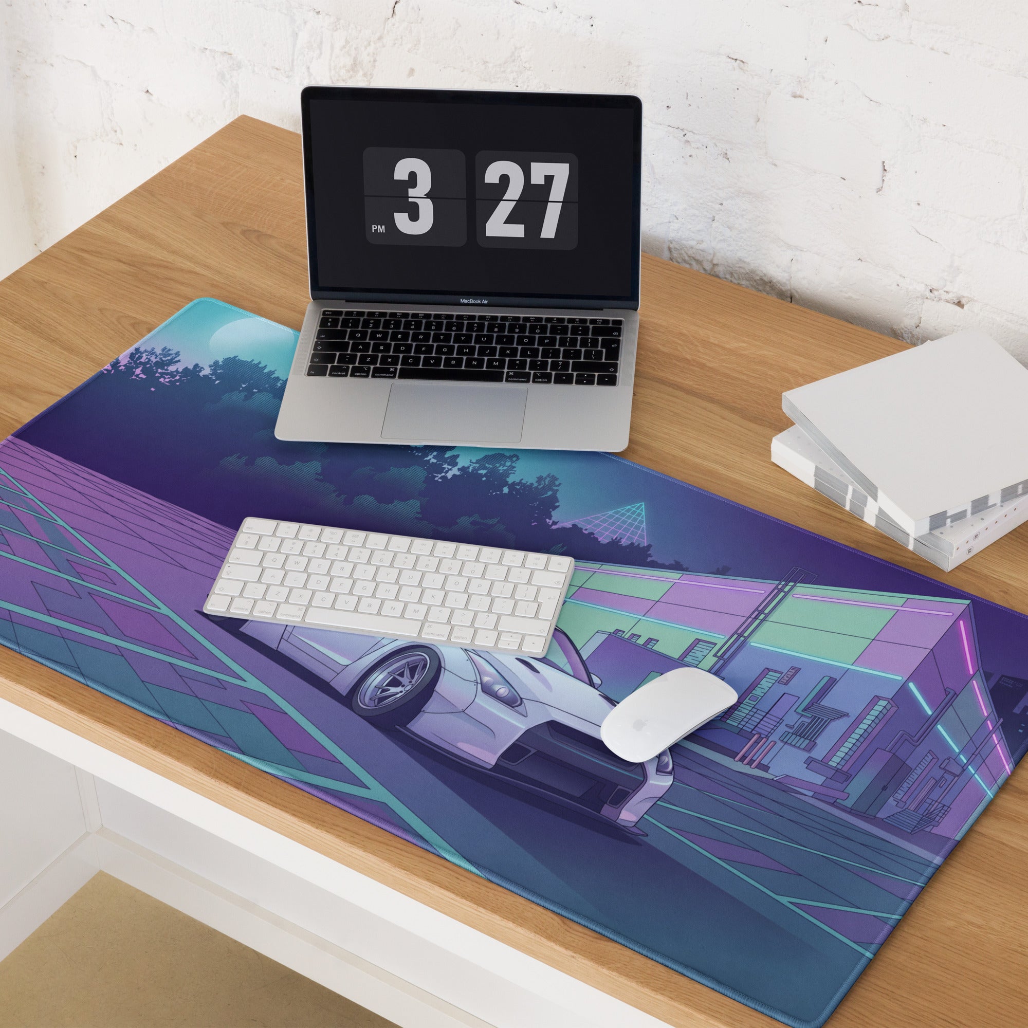 Nissan GT-R R35 Inspired White Purple Vaporwave Gaming Mouse Pad – Neon Industrial Garage Desk Mat with Moonlit Retro Futuristic JDM Artwork