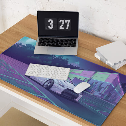 Nissan GT-R R35 Inspired White Purple Vaporwave Gaming Mouse Pad – Neon Industrial Garage Desk Mat with Moonlit Retro Futuristic JDM Artwork
