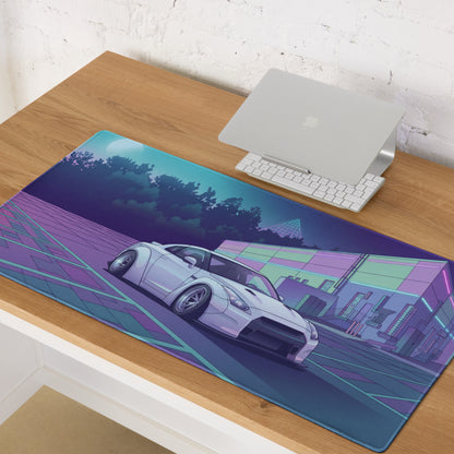 Nissan GT-R R35 Inspired White Purple Vaporwave Gaming Mouse Pad – Neon Industrial Garage Desk Mat with Moonlit Retro Futuristic JDM Artwork