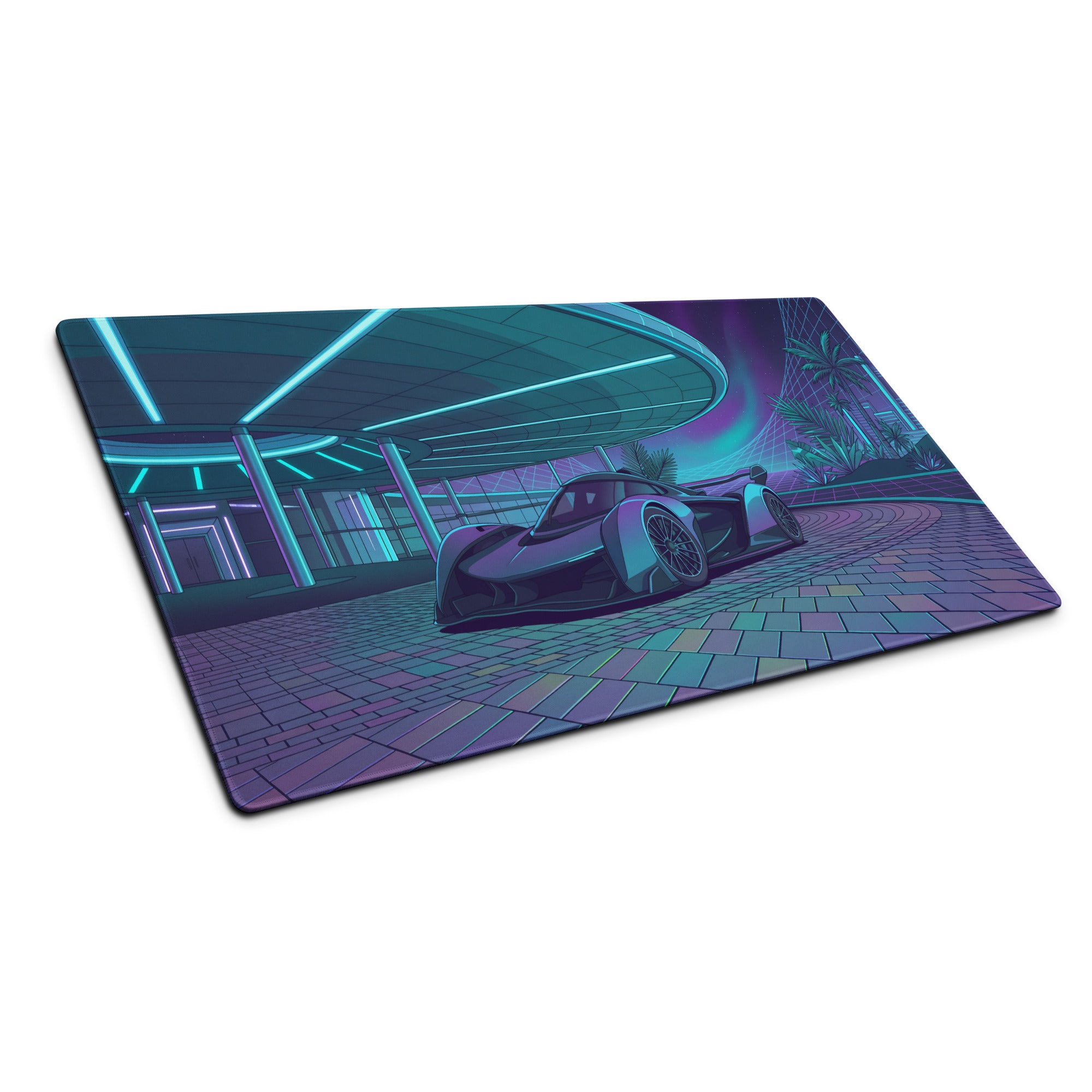 McLaren Solus GT Inspired Black Cyan Vaporwave Gaming Mouse Pad – Neon Futuristic Resort Desk Mat with Palm Trees, Retro Grid and Synthwave Artwork