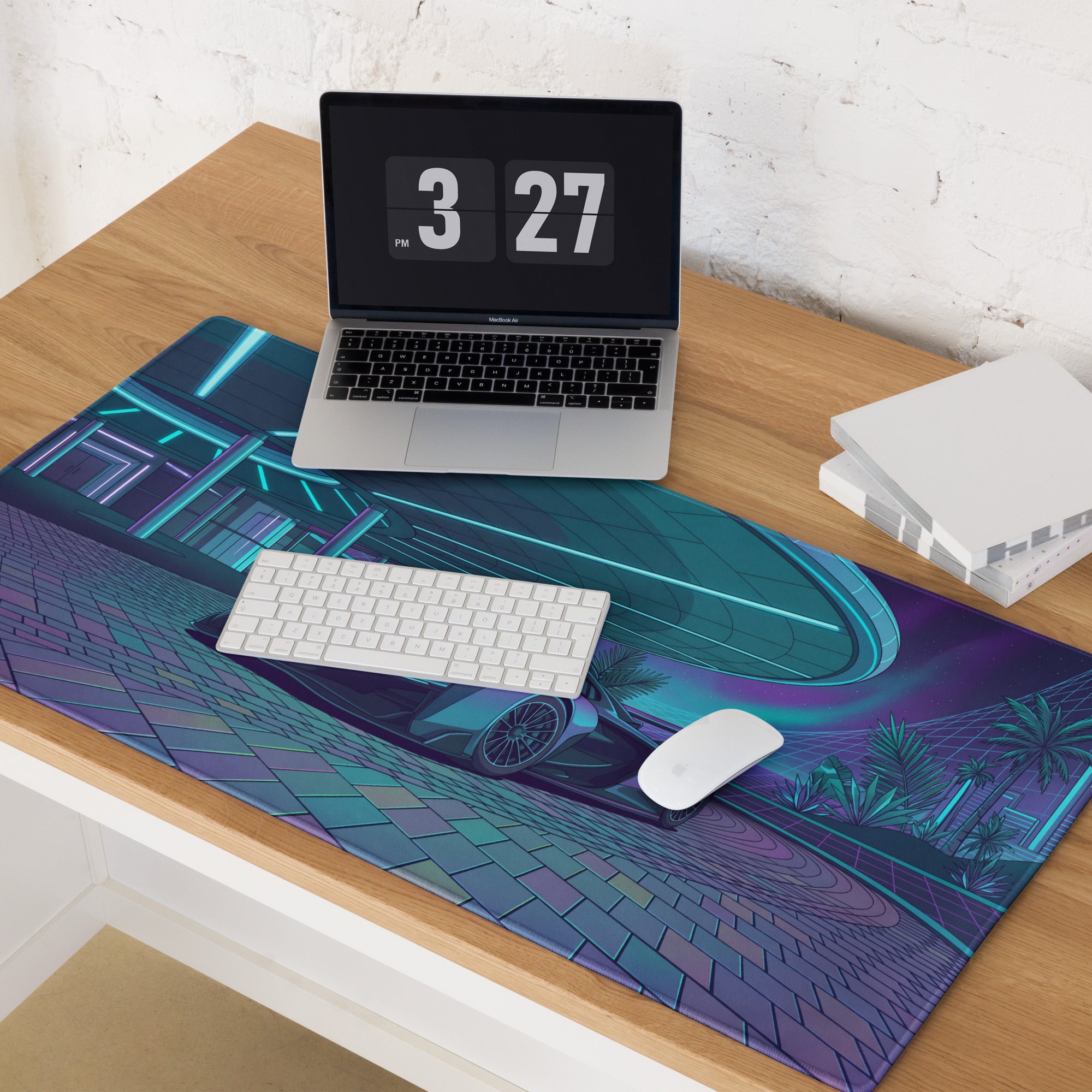 McLaren Solus GT Inspired Black Cyan Vaporwave Gaming Mouse Pad – Neon Futuristic Resort Desk Mat with Palm Trees, Retro Grid and Synthwave Artwork