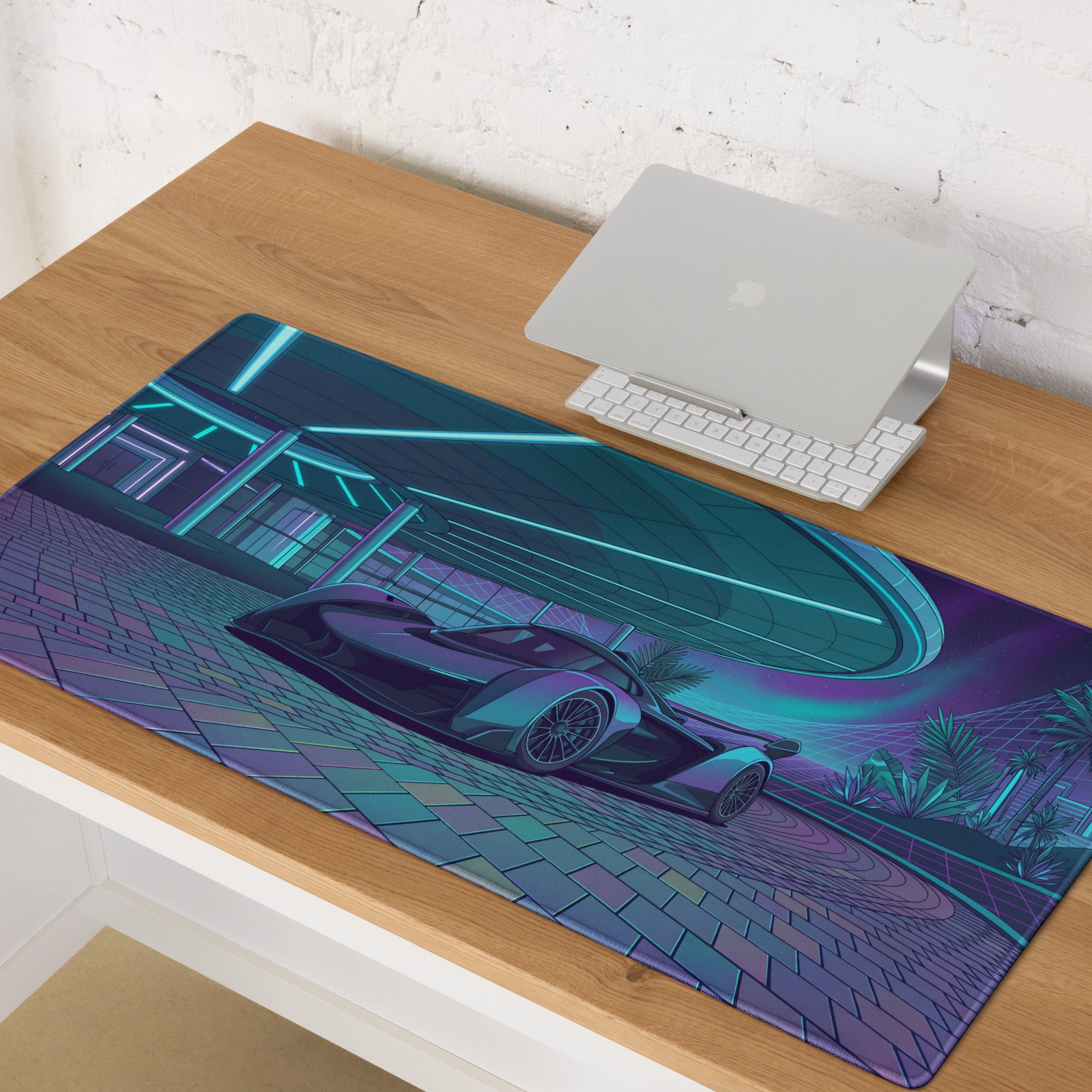 McLaren Solus GT Inspired Black Cyan Vaporwave Gaming Mouse Pad – Neon Futuristic Resort Desk Mat with Palm Trees, Retro Grid and Synthwave Artwork