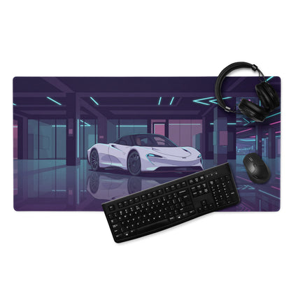 McLaren Speedtail Inspired White Purple Vaporwave Gaming Mouse Pad – Neon Futuristic Garage Desk Mat with Sleek Cyberpunk Automotive Artwork