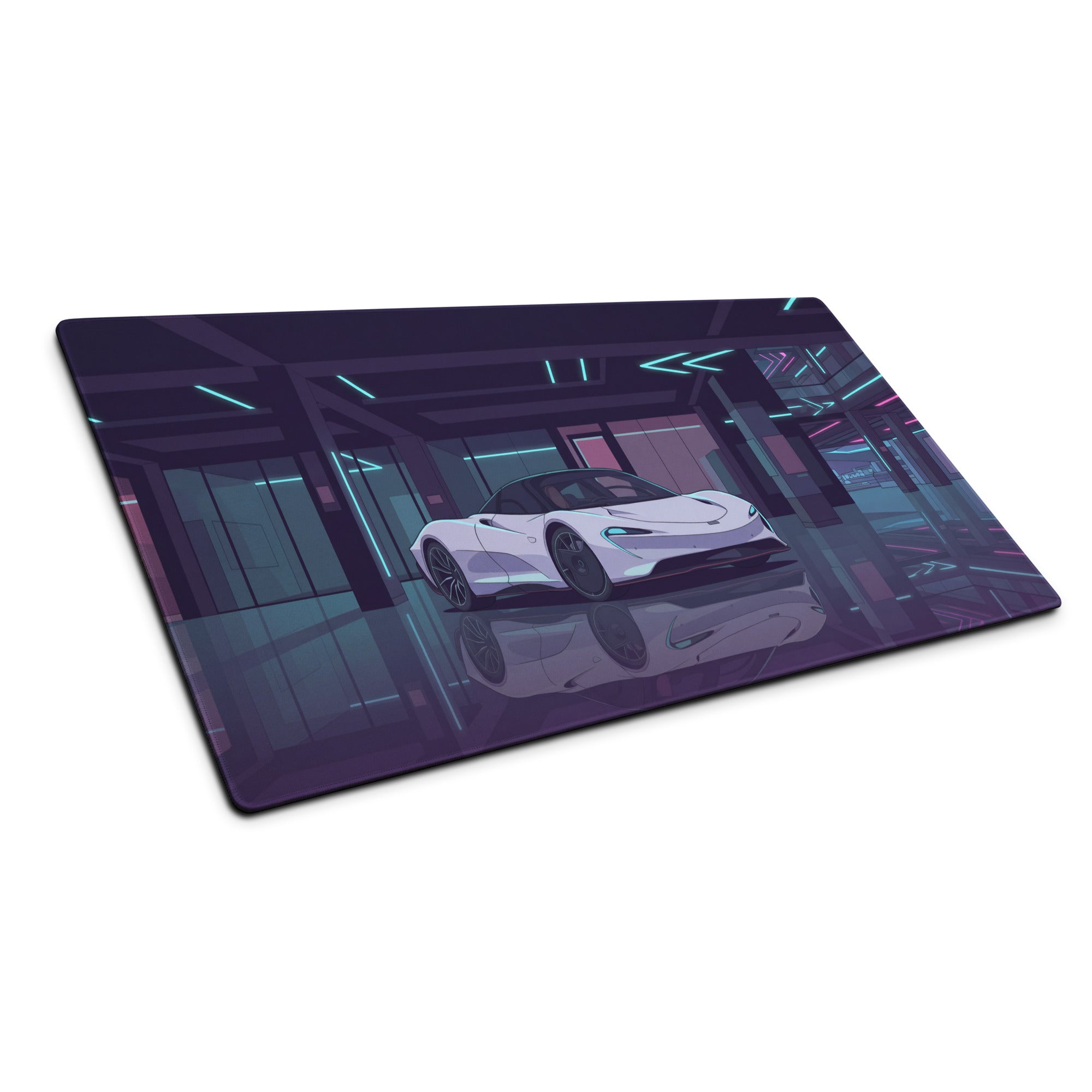 McLaren Speedtail Inspired White Purple Vaporwave Gaming Mouse Pad – Neon Futuristic Garage Desk Mat with Sleek Cyberpunk Automotive Artwork