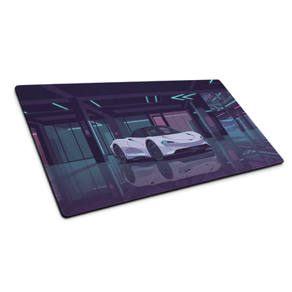 McLaren Speedtail Inspired White Purple Vaporwave Gaming Mouse Pad – Neon Futuristic Garage Desk Mat with Sleek Cyberpunk Automotive Artwork