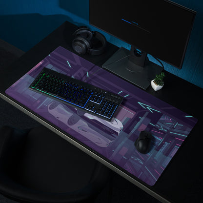 McLaren Speedtail Inspired White Purple Vaporwave Gaming Mouse Pad – Neon Futuristic Garage Desk Mat with Sleek Cyberpunk Automotive Artwork