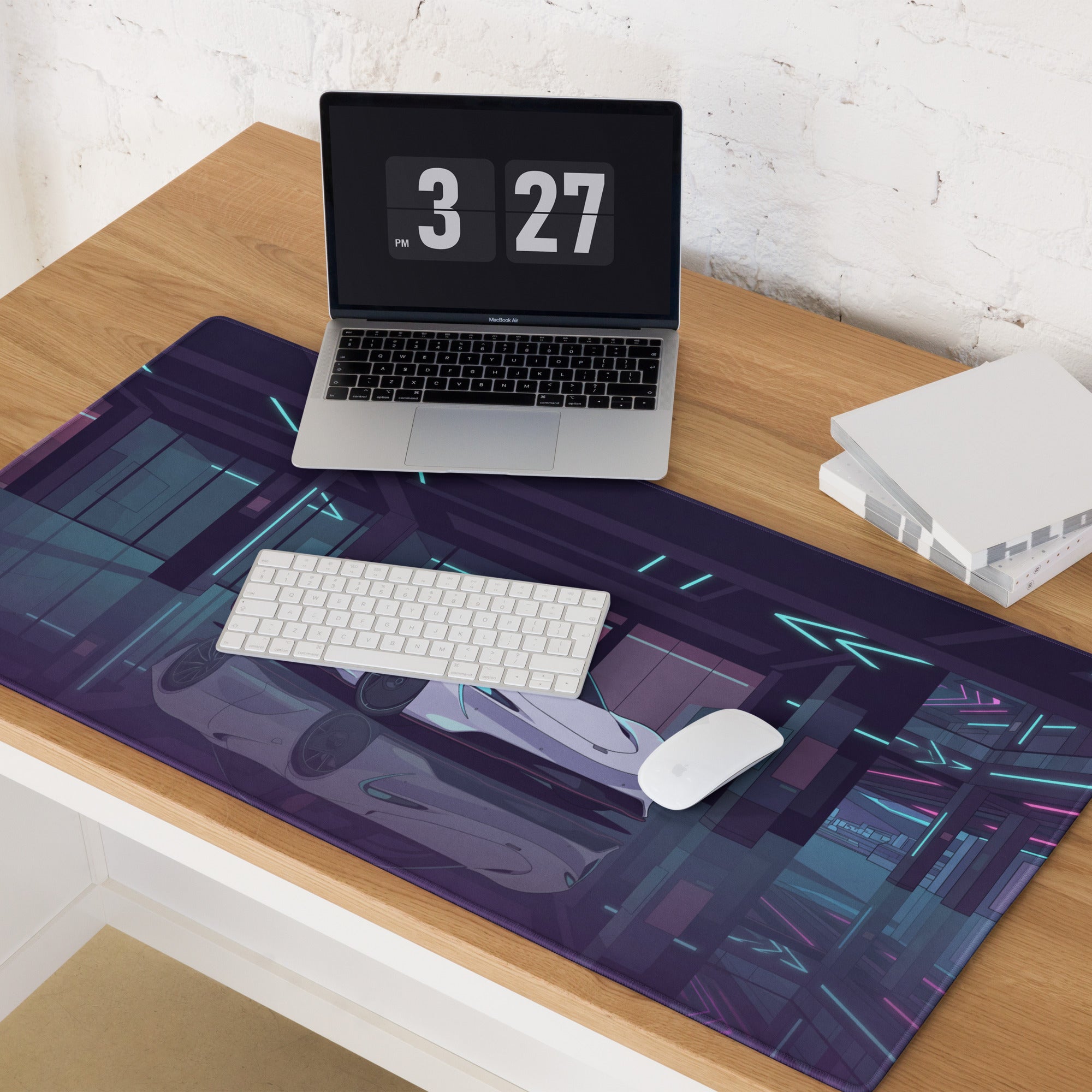 McLaren Speedtail Inspired White Purple Vaporwave Gaming Mouse Pad – Neon Futuristic Garage Desk Mat with Sleek Cyberpunk Automotive Artwork