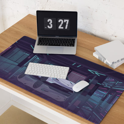 McLaren Speedtail Inspired White Purple Vaporwave Gaming Mouse Pad – Neon Futuristic Garage Desk Mat with Sleek Cyberpunk Automotive Artwork