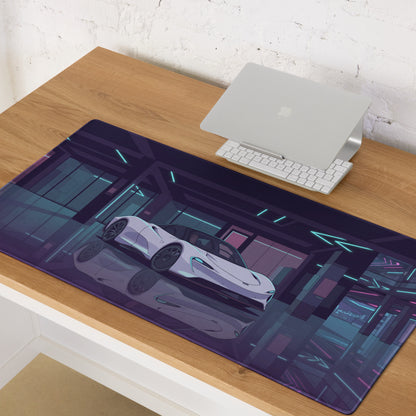 McLaren Speedtail Inspired White Purple Vaporwave Gaming Mouse Pad – Neon Futuristic Garage Desk Mat with Sleek Cyberpunk Automotive Artwork