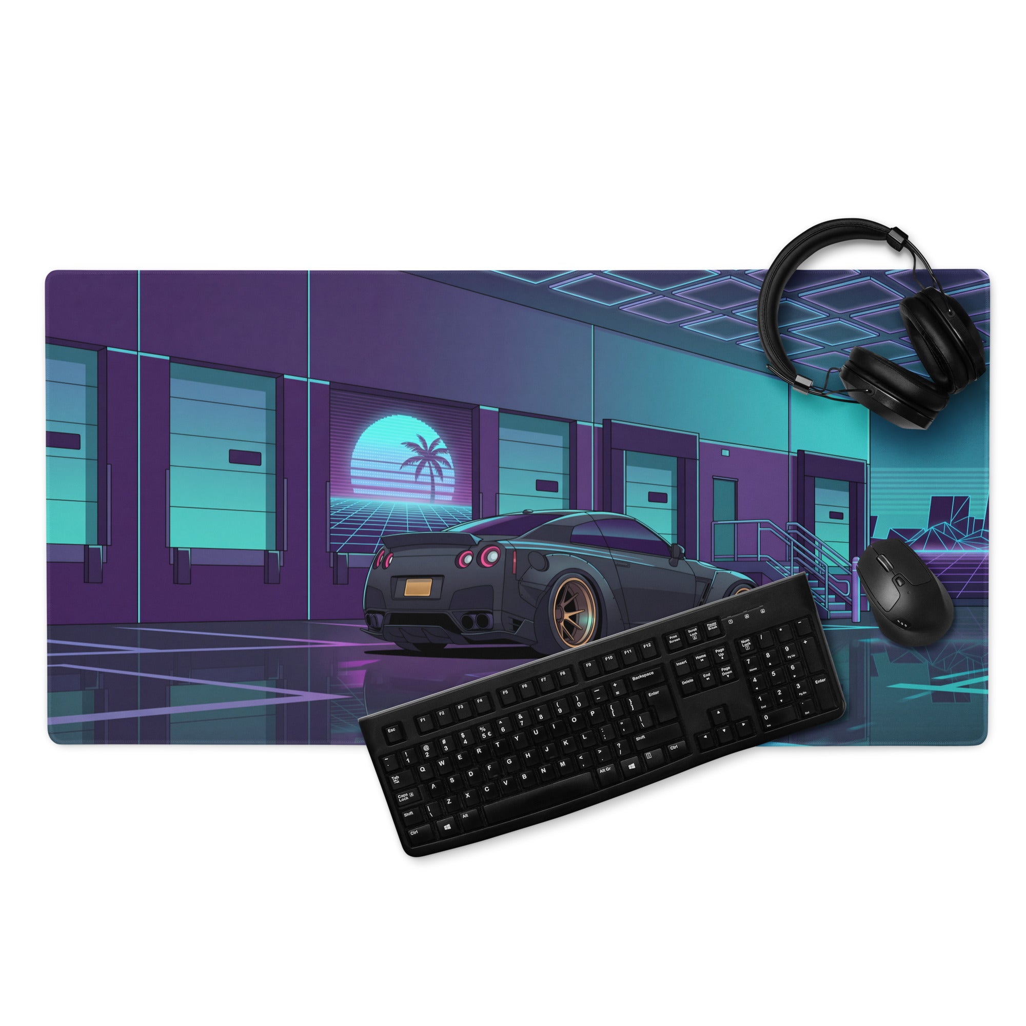 Nissan GT-R R35 Inspired Black Cyan Vaporwave Gaming Mouse Pad – Neon Japanese Street Racing Desk Mat with Retro Futuristic Cyberpunk Artwork