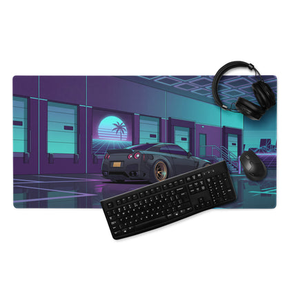 Nissan GT-R R35 Inspired Black Cyan Vaporwave Gaming Mouse Pad – Neon Japanese Street Racing Desk Mat with Retro Futuristic Cyberpunk Artwork