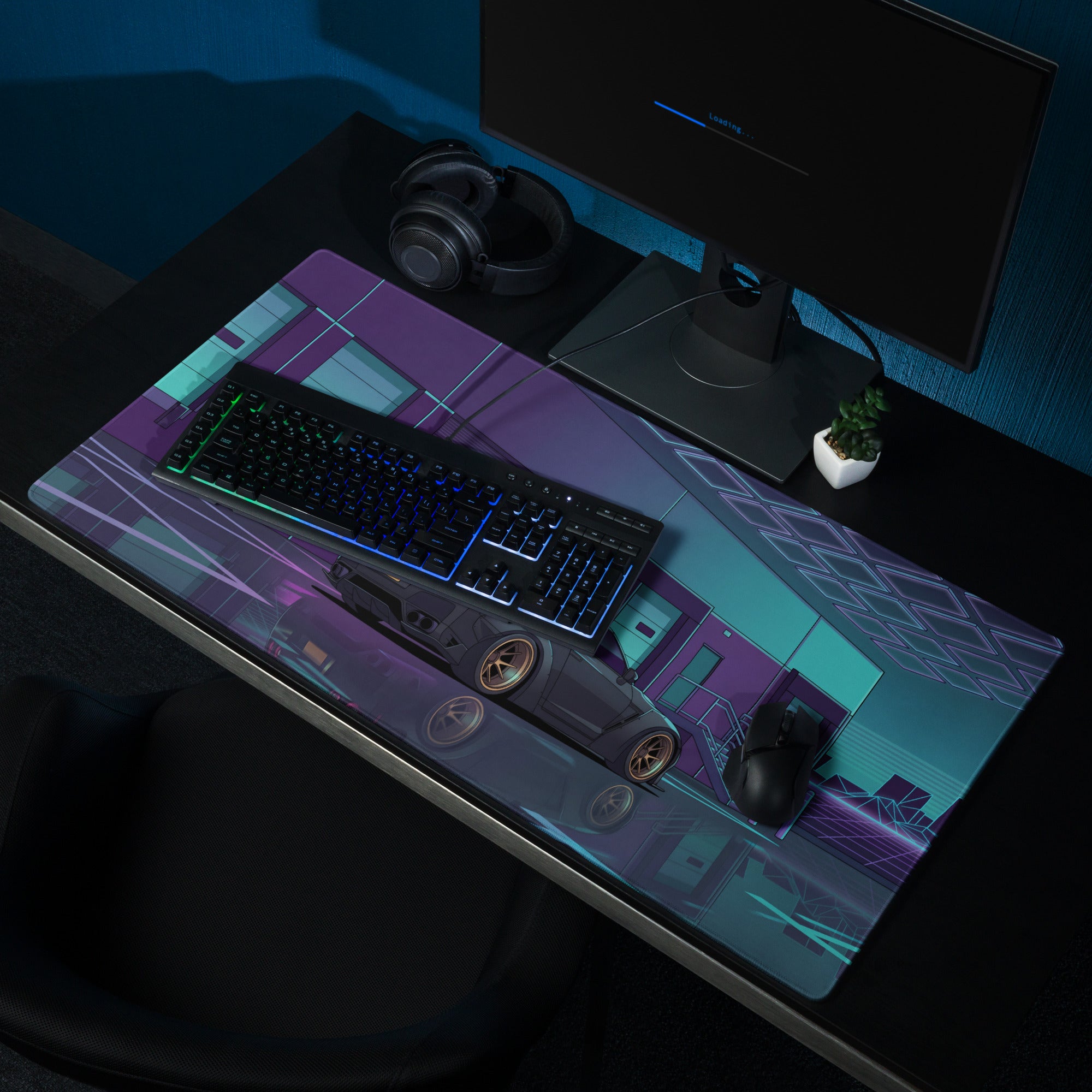 Nissan GT-R R35 Inspired Black Cyan Vaporwave Gaming Mouse Pad – Neon Japanese Street Racing Desk Mat with Retro Futuristic Cyberpunk Artwork