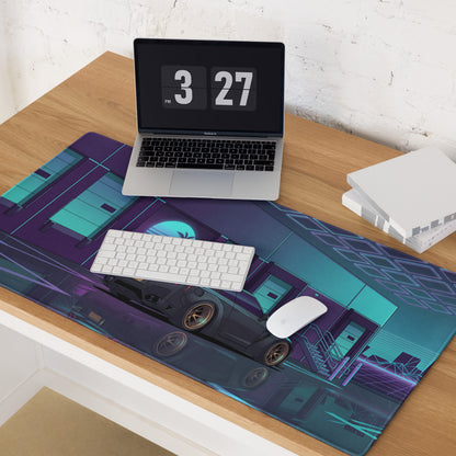 Nissan GT-R R35 Inspired Black Cyan Vaporwave Gaming Mouse Pad – Neon Japanese Street Racing Desk Mat with Retro Futuristic Cyberpunk Artwork