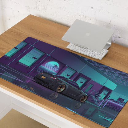 Nissan GT-R R35 Inspired Black Cyan Vaporwave Gaming Mouse Pad – Neon Japanese Street Racing Desk Mat with Retro Futuristic Cyberpunk Artwork