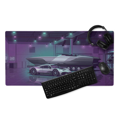 Hennessey Venom F5 Inspired Silver Purple Vaporwave Gaming Mouse Pad – Neon Hypercar Garage Desk Mat with Luxury Speedboat and Futuristic Artwork