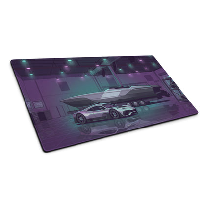 Hennessey Venom F5 Inspired Silver Purple Vaporwave Gaming Mouse Pad – Neon Hypercar Garage Desk Mat with Luxury Speedboat and Futuristic Artwork