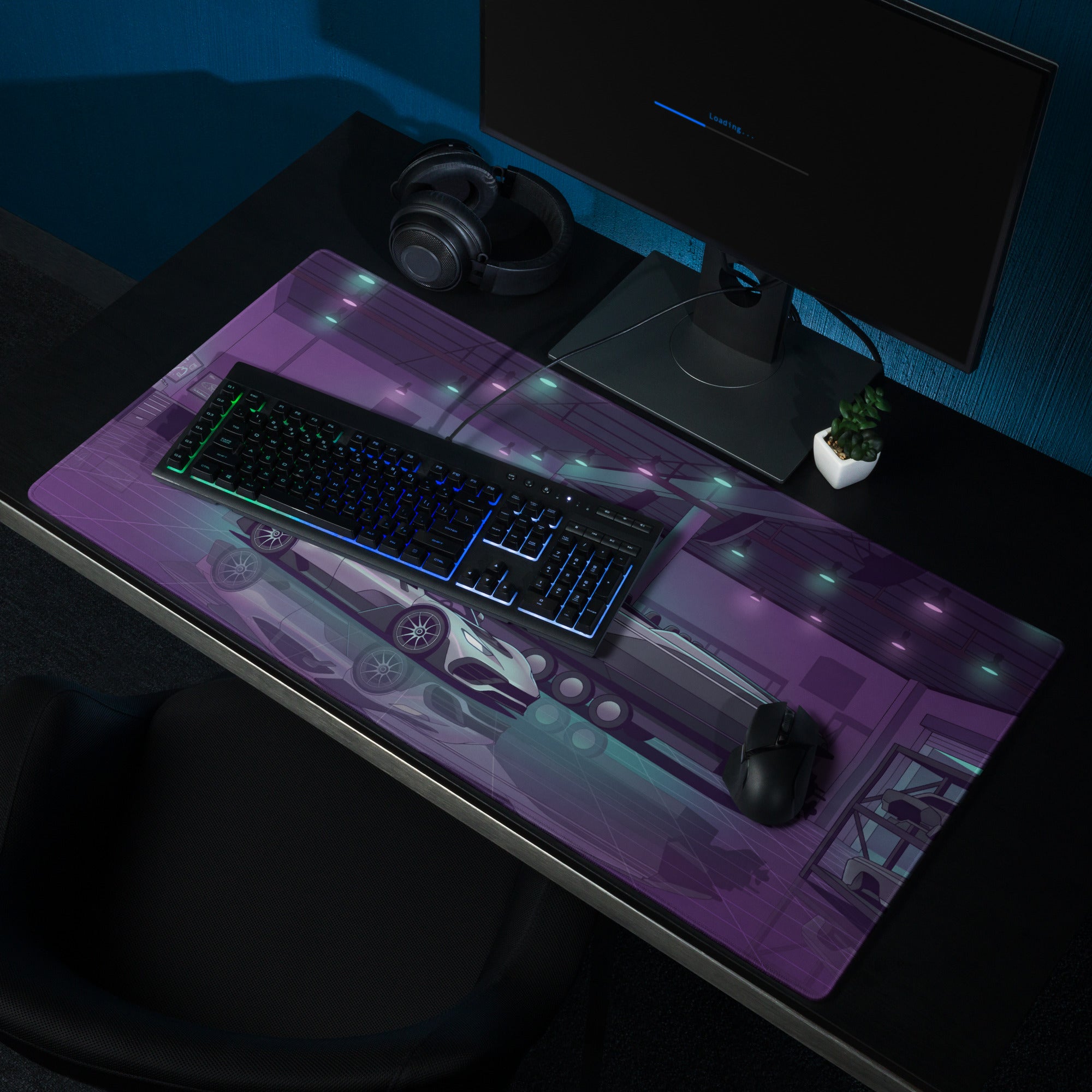 Hennessey Venom F5 Inspired Silver Purple Vaporwave Gaming Mouse Pad – Neon Hypercar Garage Desk Mat with Luxury Speedboat and Futuristic Artwork