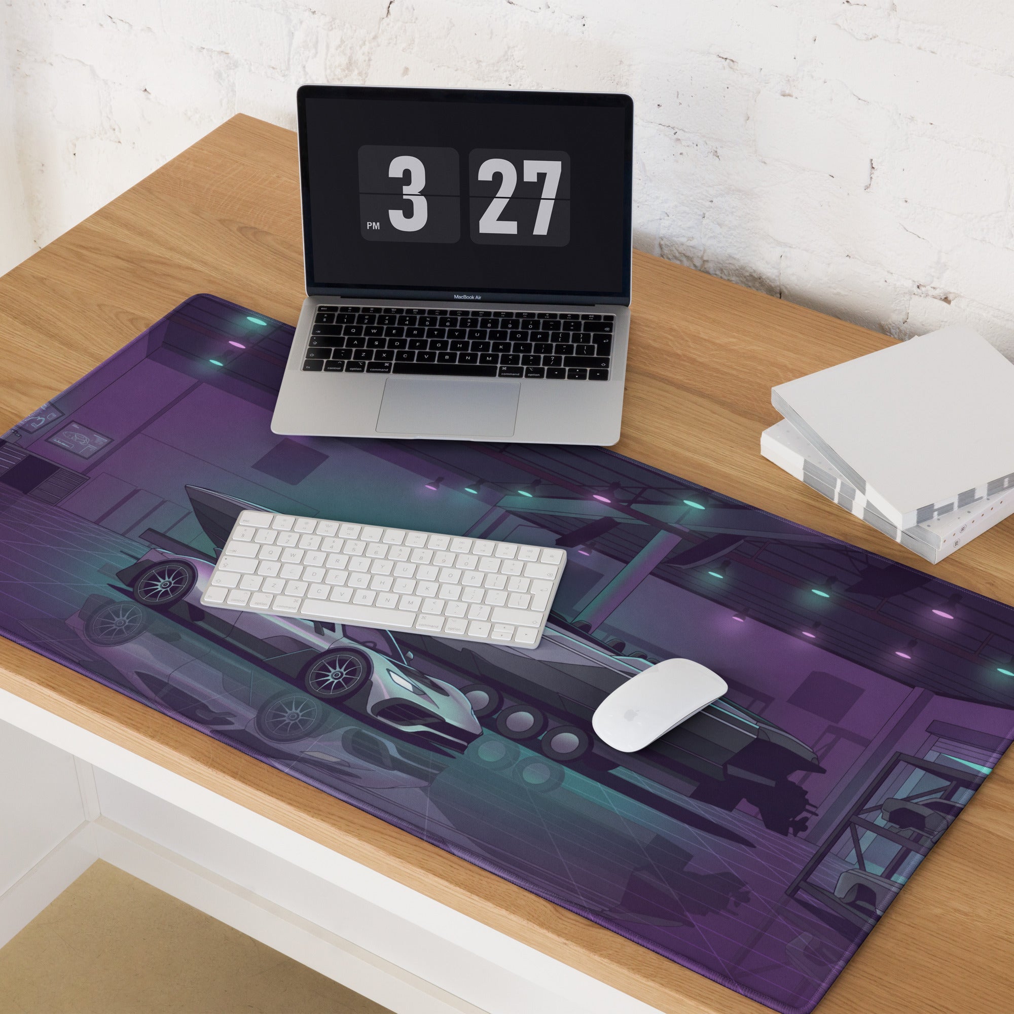 Hennessey Venom F5 Inspired Silver Purple Vaporwave Gaming Mouse Pad – Neon Hypercar Garage Desk Mat with Luxury Speedboat and Futuristic Artwork