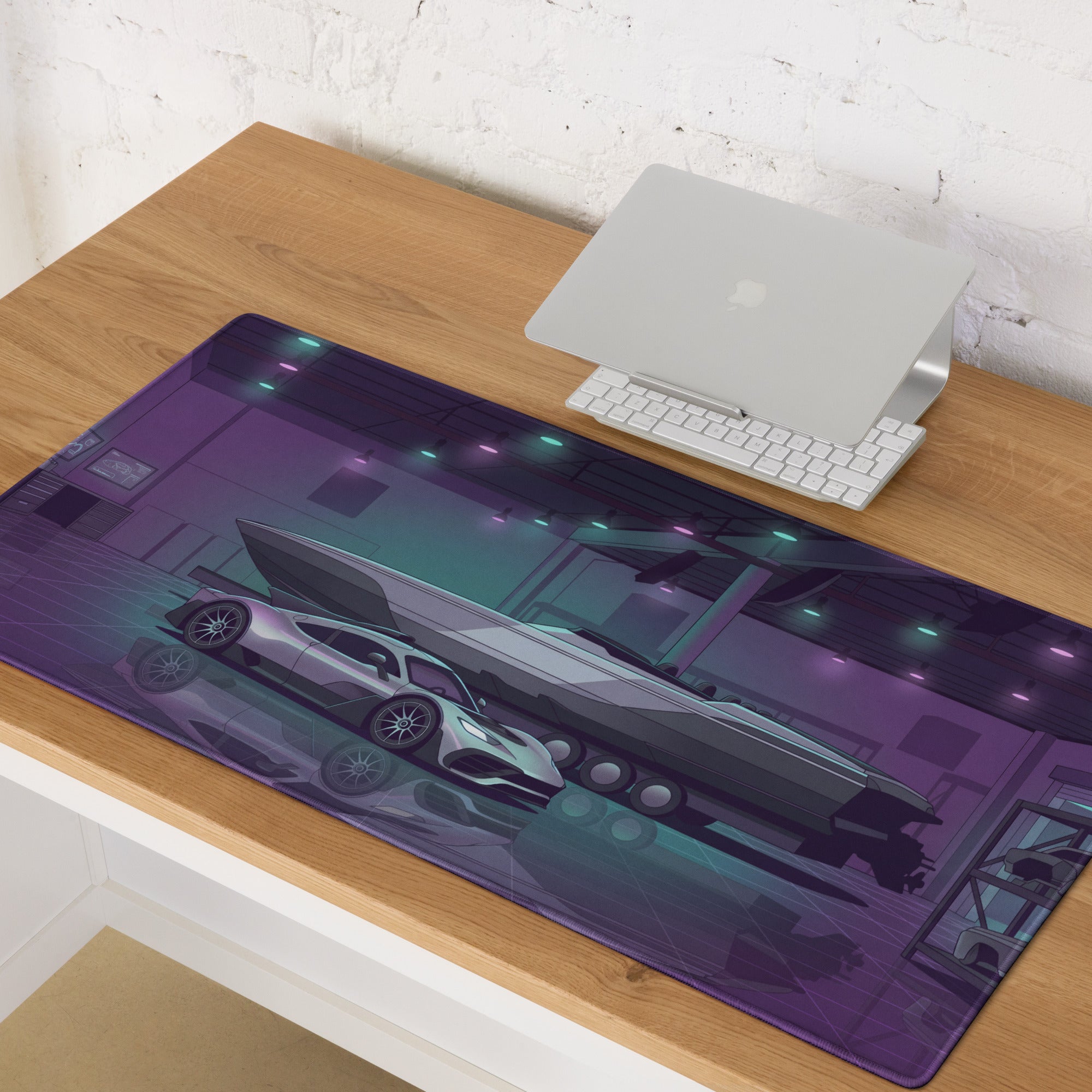 Hennessey Venom F5 Inspired Silver Purple Vaporwave Gaming Mouse Pad – Neon Hypercar Garage Desk Mat with Luxury Speedboat and Futuristic Artwork