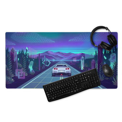 Nissan GT-R R35 Inspired White Blue Vaporwave Gaming Mouse Pad – Neon Mountain Highway Desk Mat with Retro Futuristic Crystal Landscape Artwork