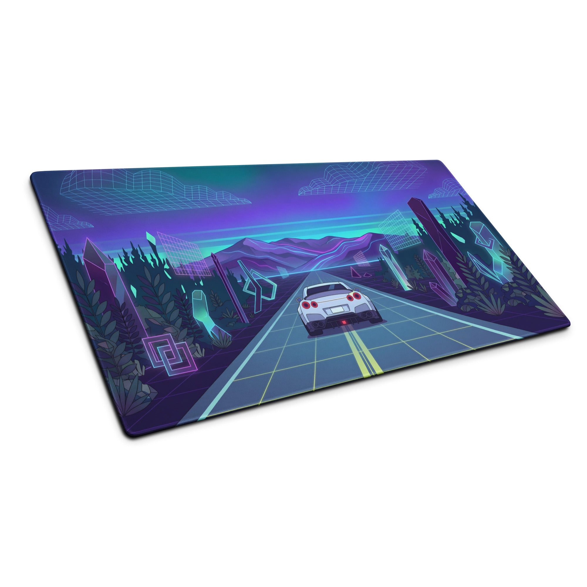Nissan GT-R R35 Inspired White Blue Vaporwave Gaming Mouse Pad – Neon Mountain Highway Desk Mat with Retro Futuristic Crystal Landscape Artwork