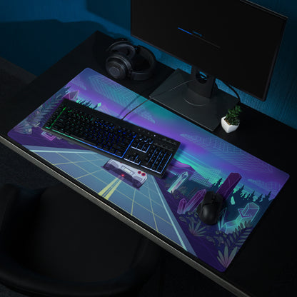 Nissan GT-R R35 Inspired White Blue Vaporwave Gaming Mouse Pad – Neon Mountain Highway Desk Mat with Retro Futuristic Crystal Landscape Artwork
