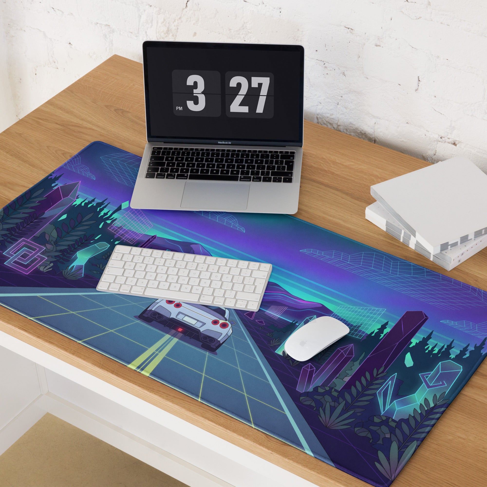 Nissan GT-R R35 Inspired White Blue Vaporwave Gaming Mouse Pad – Neon Mountain Highway Desk Mat with Retro Futuristic Crystal Landscape Artwork