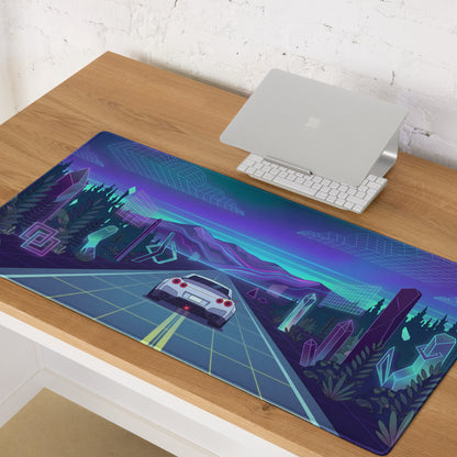 Nissan GT-R R35 Inspired White Blue Vaporwave Gaming Mouse Pad – Neon Mountain Highway Desk Mat with Retro Futuristic Crystal Landscape Artwork