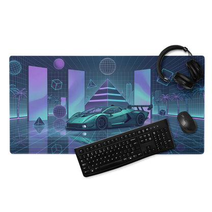 Lamborghini Essenza SCV12 Inspired Teal Blue Vaporwave Gaming Mouse Pad – Neon Grid Supercar Desk Mat with Retro Futuristic Cyberpunk Artwork
