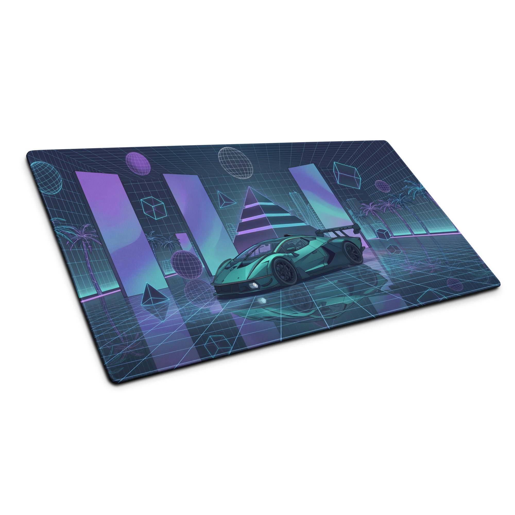 Lamborghini Essenza SCV12 Inspired Teal Blue Vaporwave Gaming Mouse Pad – Neon Grid Supercar Desk Mat with Retro Futuristic Cyberpunk Artwork