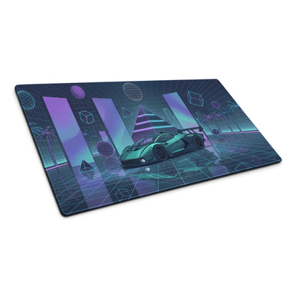 Lamborghini Essenza SCV12 Inspired Teal Blue Vaporwave Gaming Mouse Pad – Neon Grid Supercar Desk Mat with Retro Futuristic Cyberpunk Artwork