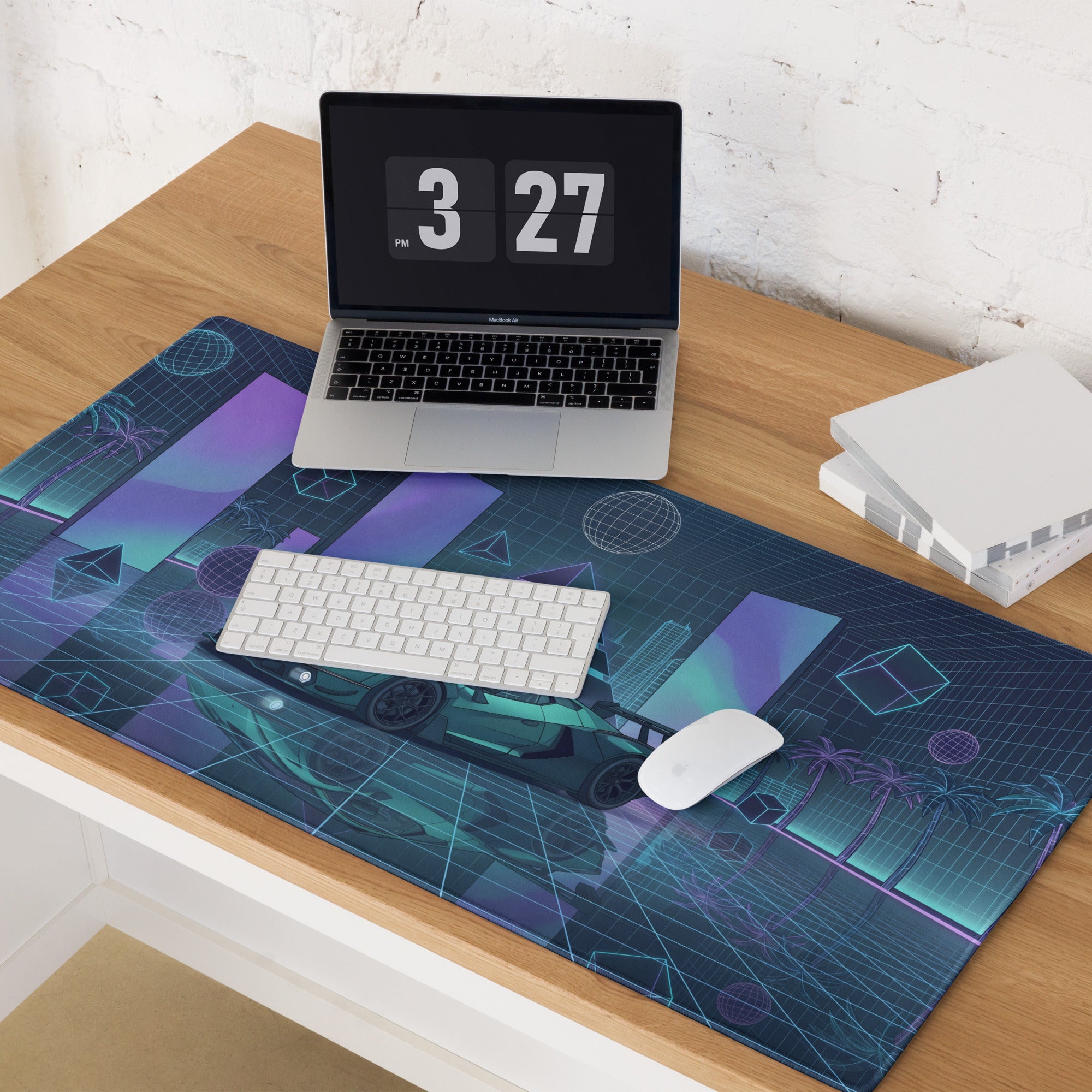 Lamborghini Essenza SCV12 Inspired Teal Blue Vaporwave Gaming Mouse Pad – Neon Grid Supercar Desk Mat with Retro Futuristic Cyberpunk Artwork
