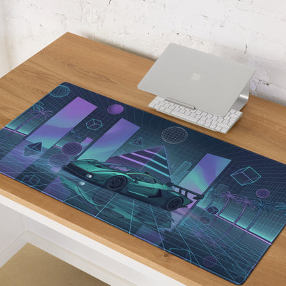 Lamborghini Essenza SCV12 Inspired Teal Blue Vaporwave Gaming Mouse Pad – Neon Grid Supercar Desk Mat with Retro Futuristic Cyberpunk Artwork