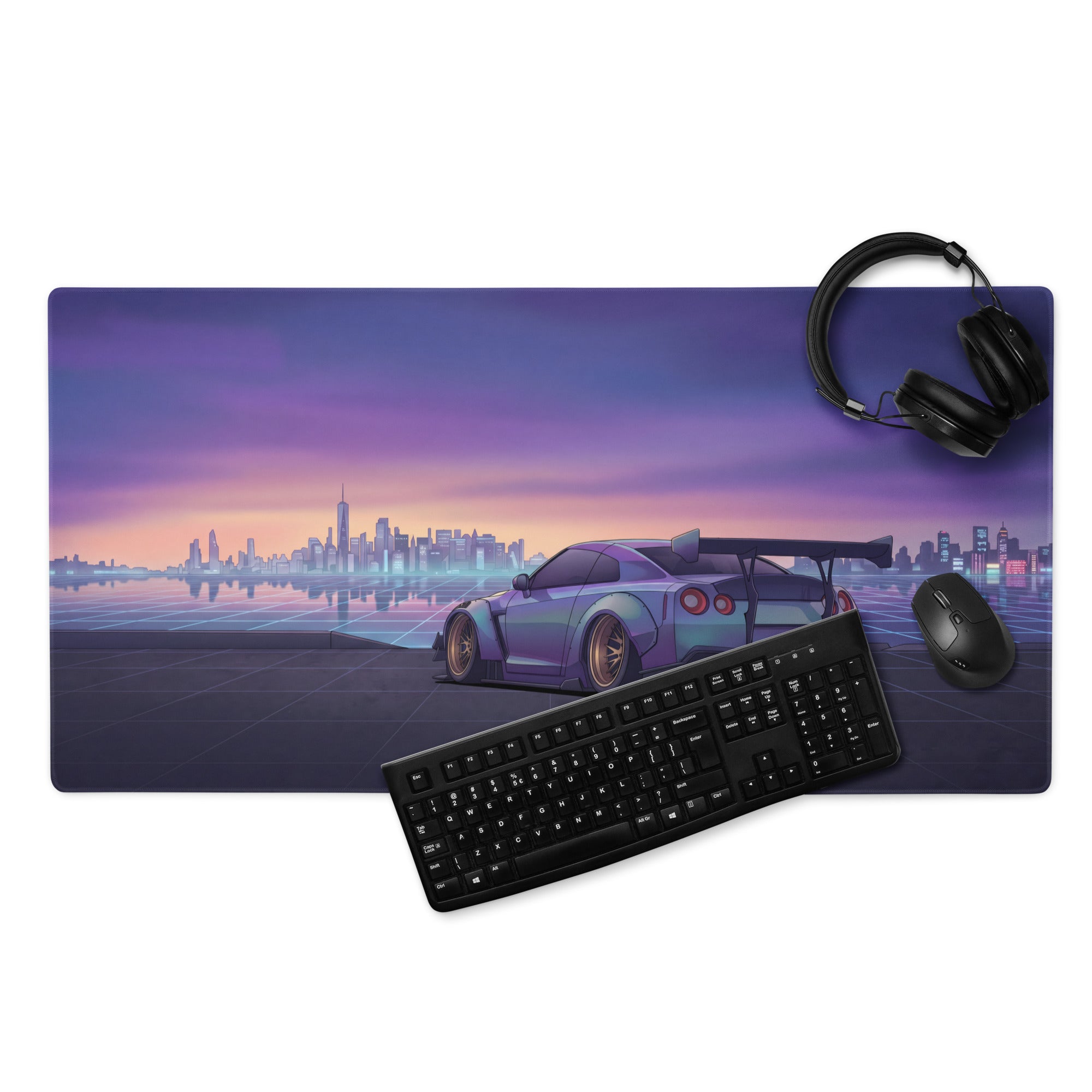 Nissan GT-R R35 Inspired Silver Purple Vaporwave Gaming Mouse Pad – Neon City Skyline Desk Mat with Widebody JDM Cyberpunk Automotive Artwork