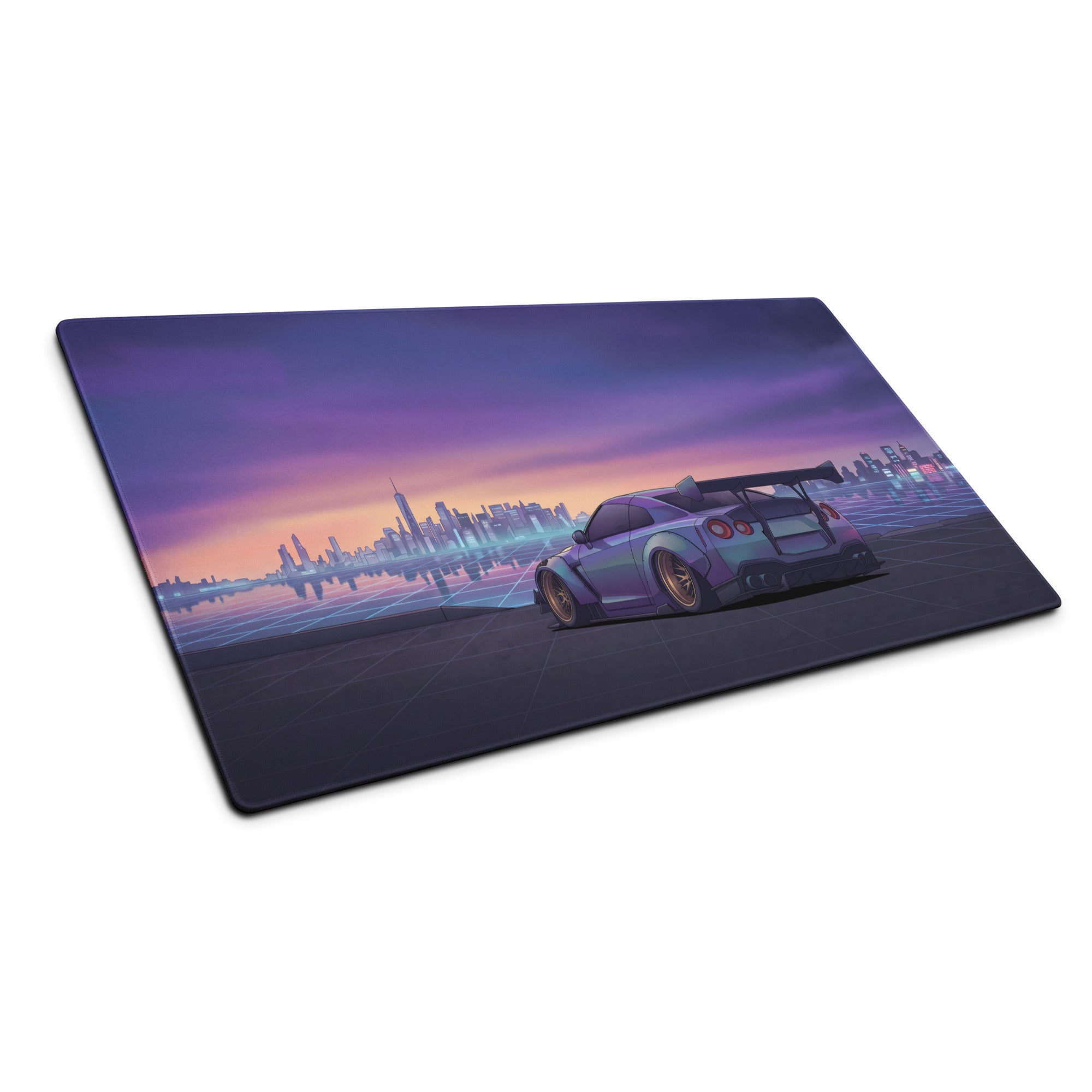 Nissan GT-R R35 Inspired Silver Purple Vaporwave Gaming Mouse Pad – Neon City Skyline Desk Mat with Widebody JDM Cyberpunk Automotive Artwork