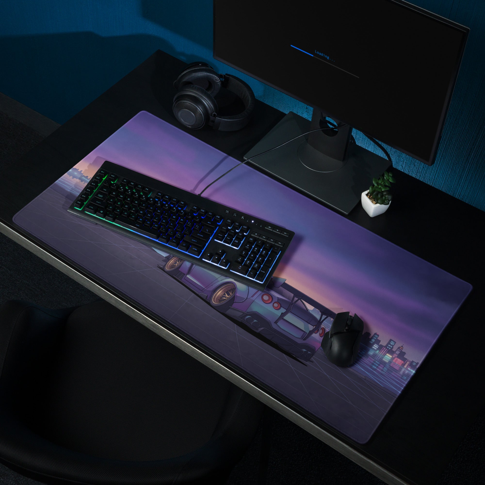 Nissan GT-R R35 Inspired Silver Purple Vaporwave Gaming Mouse Pad – Neon City Skyline Desk Mat with Widebody JDM Cyberpunk Automotive Artwork
