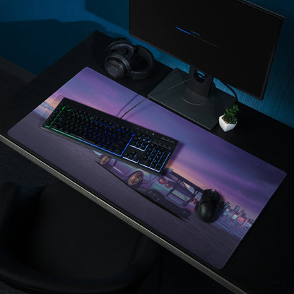 Nissan GT-R R35 Inspired Silver Purple Vaporwave Gaming Mouse Pad – Neon City Skyline Desk Mat with Widebody JDM Cyberpunk Automotive Artwork