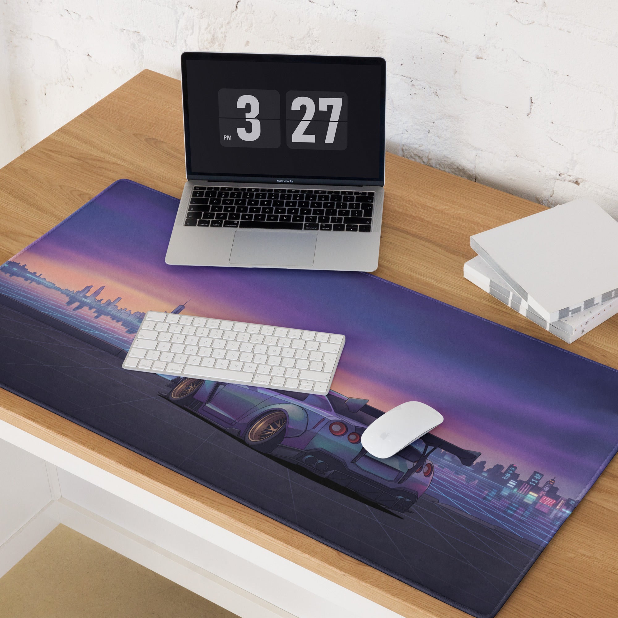 Nissan GT-R R35 Inspired Silver Purple Vaporwave Gaming Mouse Pad – Neon City Skyline Desk Mat with Widebody JDM Cyberpunk Automotive Artwork