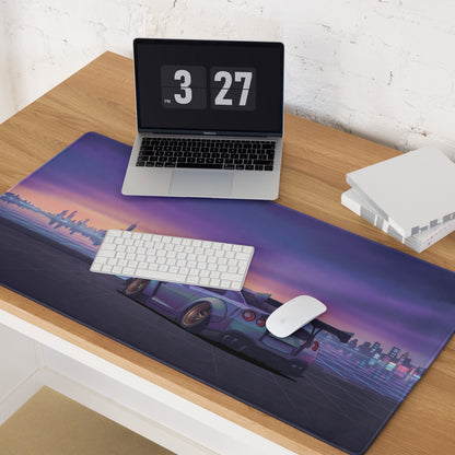 Nissan GT-R R35 Inspired Silver Purple Vaporwave Gaming Mouse Pad – Neon City Skyline Desk Mat with Widebody JDM Cyberpunk Automotive Artwork