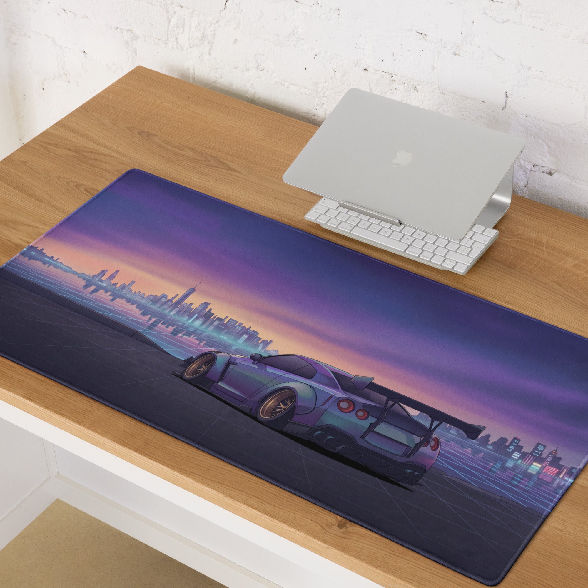 Nissan GT-R R35 Inspired Silver Purple Vaporwave Gaming Mouse Pad – Neon City Skyline Desk Mat with Widebody JDM Cyberpunk Automotive Artwork