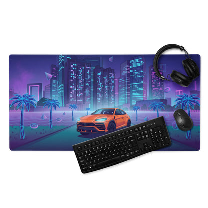 Lamborghini Urus Inspired Orange Blue Vaporwave Gaming Mouse Pad – Neon Cyberpunk City Desk Mat with Palm Trees and Retro Futuristic SUV Artwork
