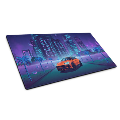 Lamborghini Urus Inspired Orange Blue Vaporwave Gaming Mouse Pad – Neon Cyberpunk City Desk Mat with Palm Trees and Retro Futuristic SUV Artwork